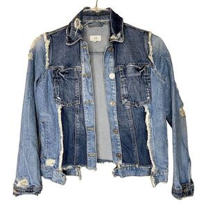 River Island Women’s Blue Denim Jacket Distressed Frayed Edges Long Sleeve